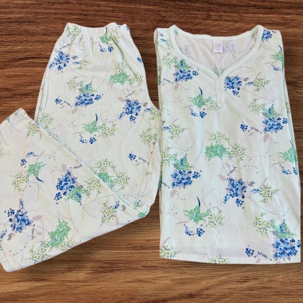 Adonna Womens 2 Piece Long Sleeve Pajama Set Blue Floral Print Cotton Soft Sz L